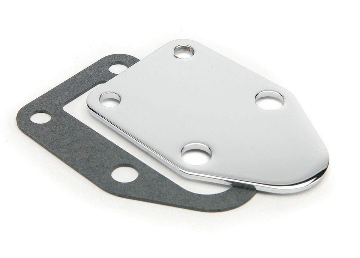 MR. GASKET Fuel Pump Block-Off Plate for Small Block Chevy, Steel Chrome Finish