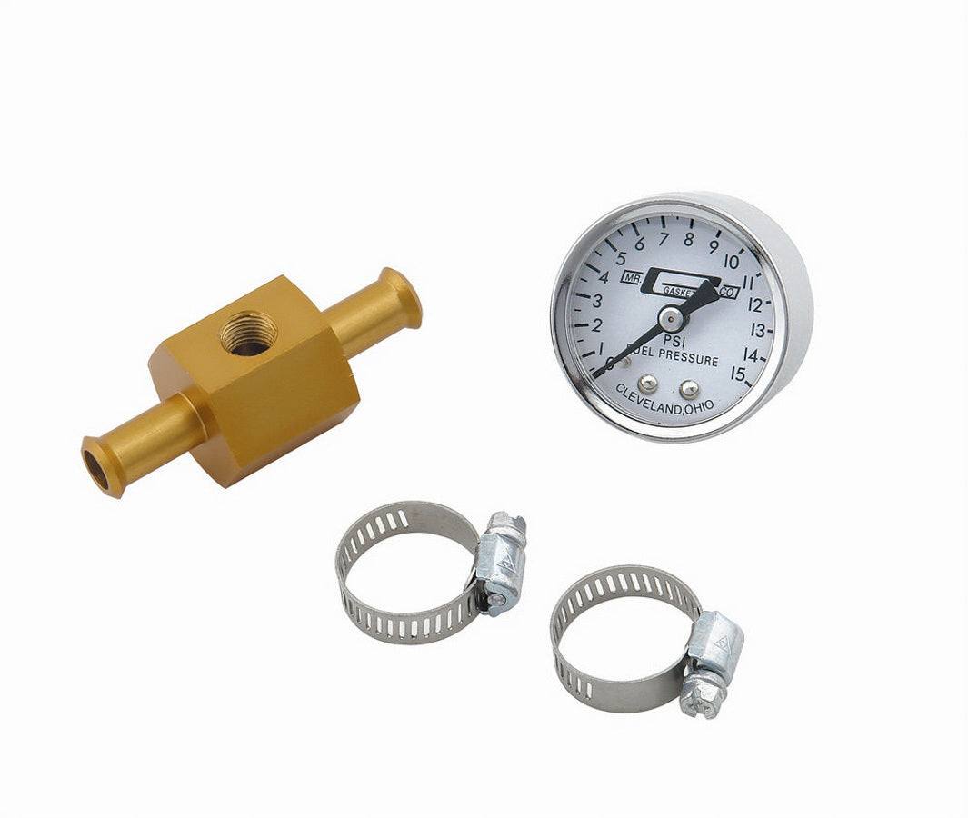 MR. GASKET 1560 In-Line Fuel Pressure Gauge, 0-15 PSI, Mechanical, Analog, 1-1/2 Inch White Face with 1/8 Inch NPT Port