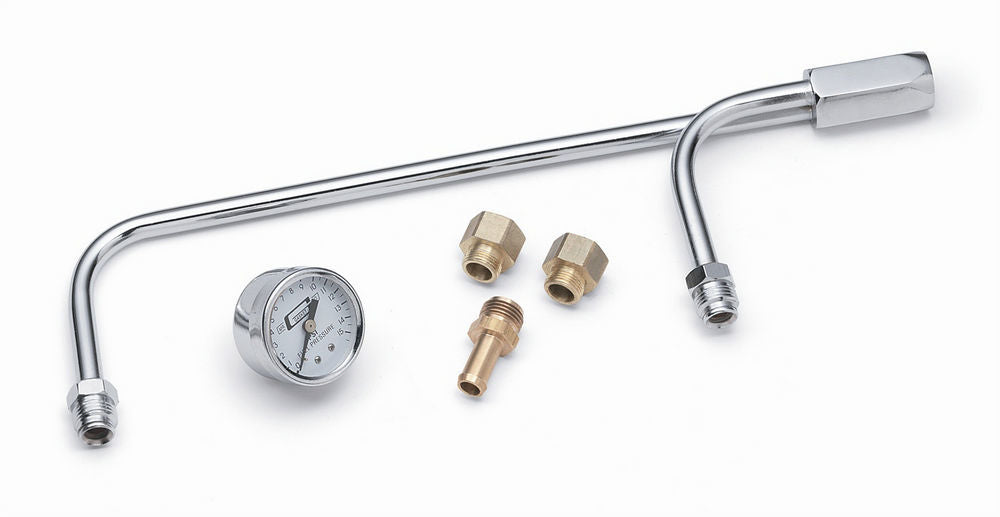 MR. GASKET Carburetor Fuel Line with Pressure Gauge for Demon Carbs, 5/8-Inch Inverted Flare Female Inlet and Dual 5/8-Inch Outlets, Chrome Steel