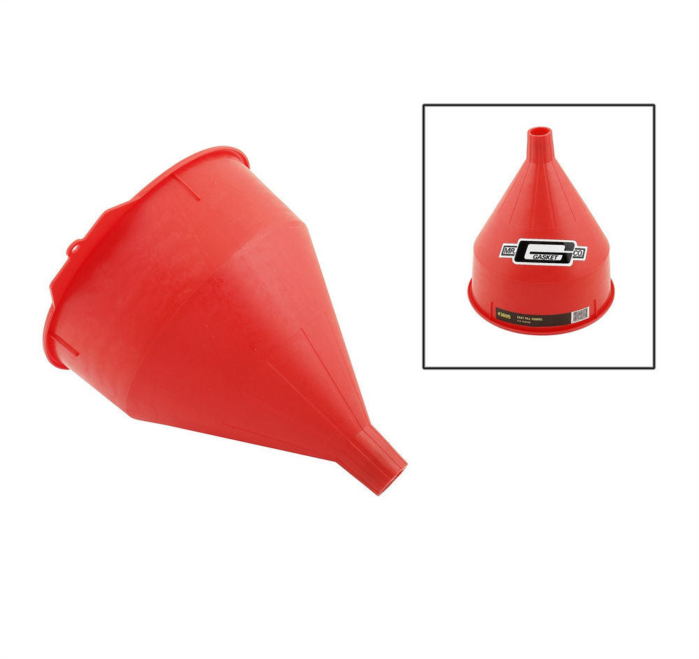 MR. GASKET 3695 Fast Fill Round Funnel with Screen, 8.75 Inch Outer Diameter, 10.375 Inch Length, Red Plastic