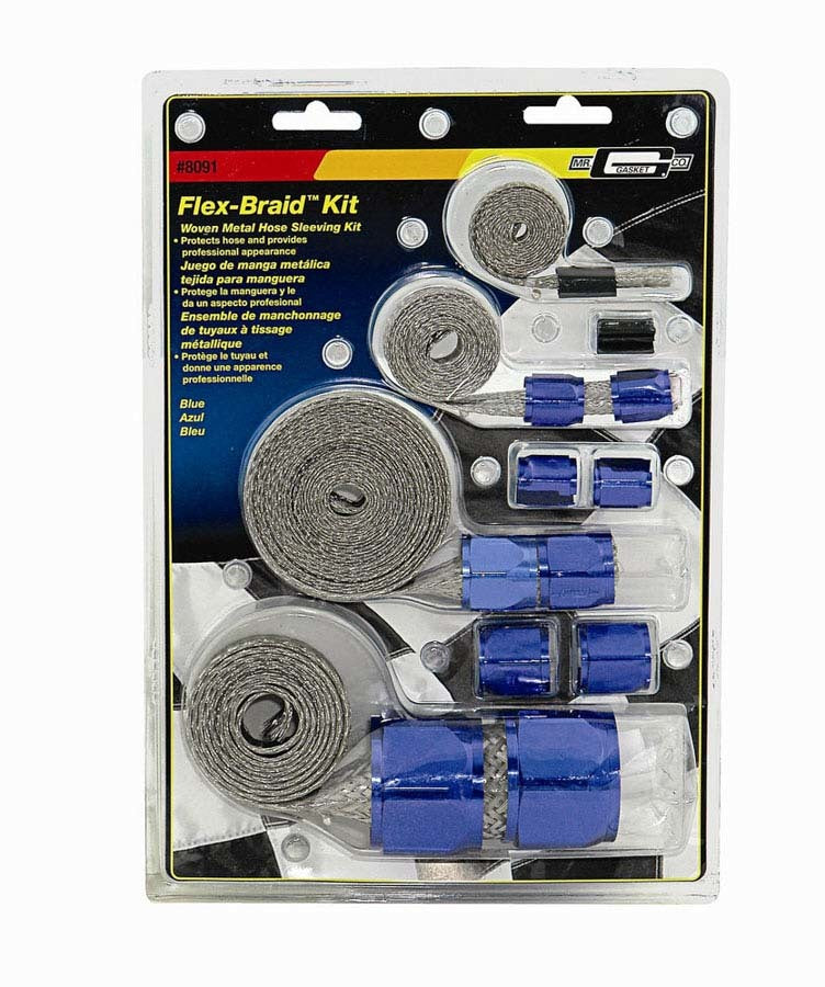 MR. GASKET 8091 Braided Stainless Hose Sleeve Kit for Fuel, Heater, and Radiator Hoses, Blue and Silver