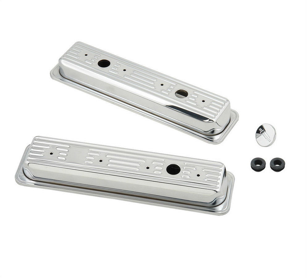 MR. GASKET 9415 Small Block Chevy Valve Cover with Ribbed Design, Chrome Finish, and Baffled Breather Hole