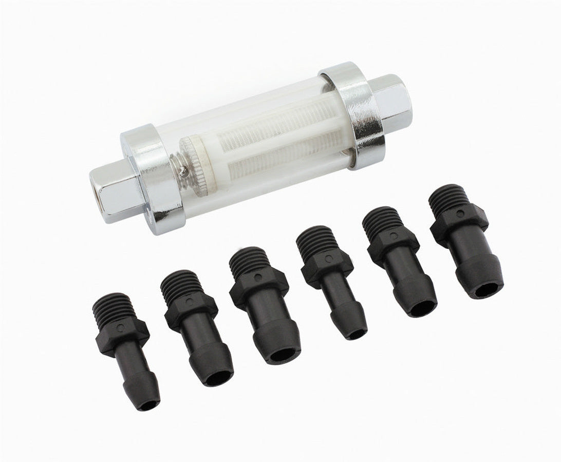 MR. GASKET 9706 Clear View Universal In-Line Fuel Filter with 100 Micron Synthetic Fiber Element, 1/4 to 3/8 Inch Hose Barb Connections