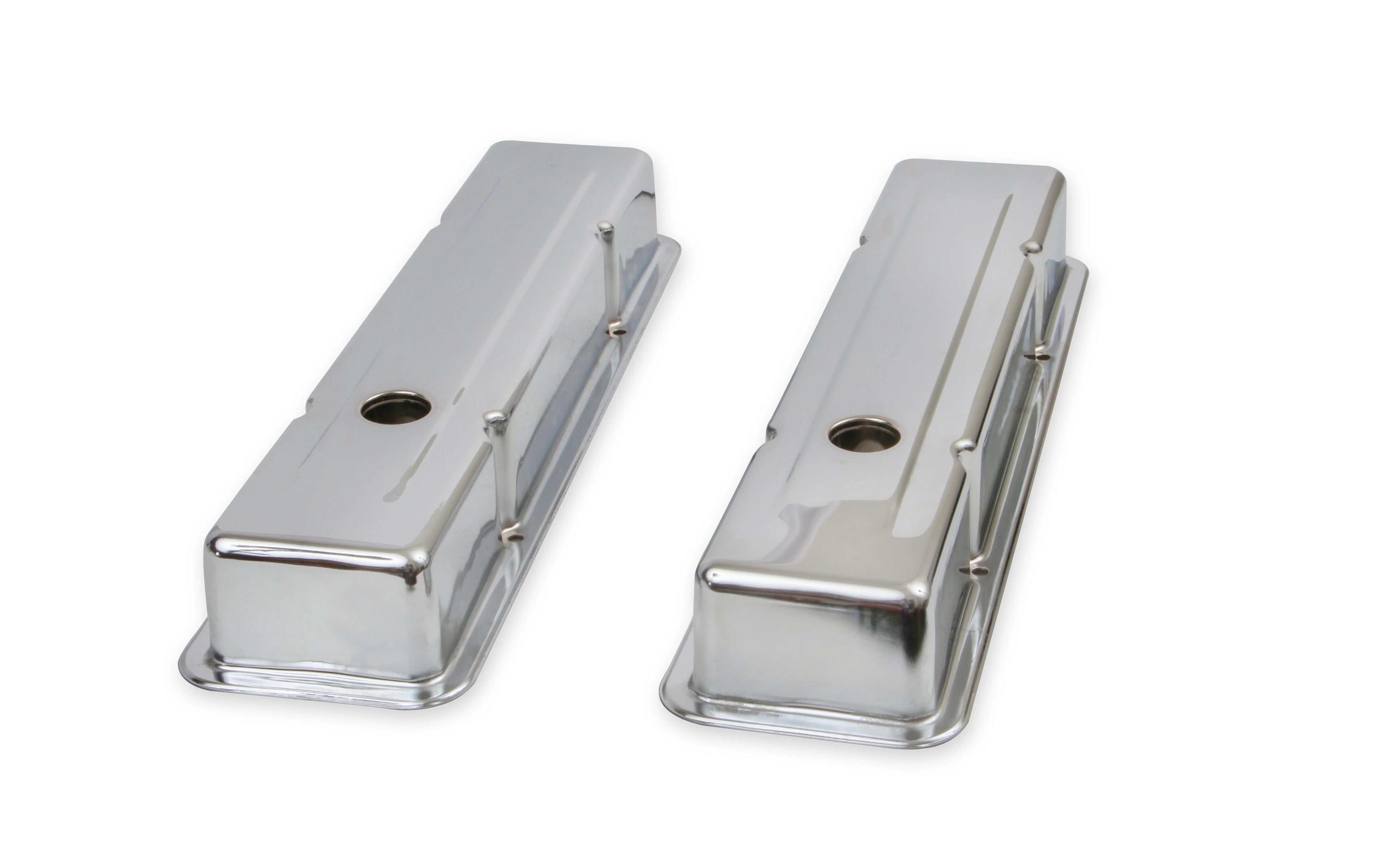 MR. GASKET 9800 Short Valve Cover for Small Block Chevy, Chrome Steel, Stock Height with Baffled Design and Breather Hole
