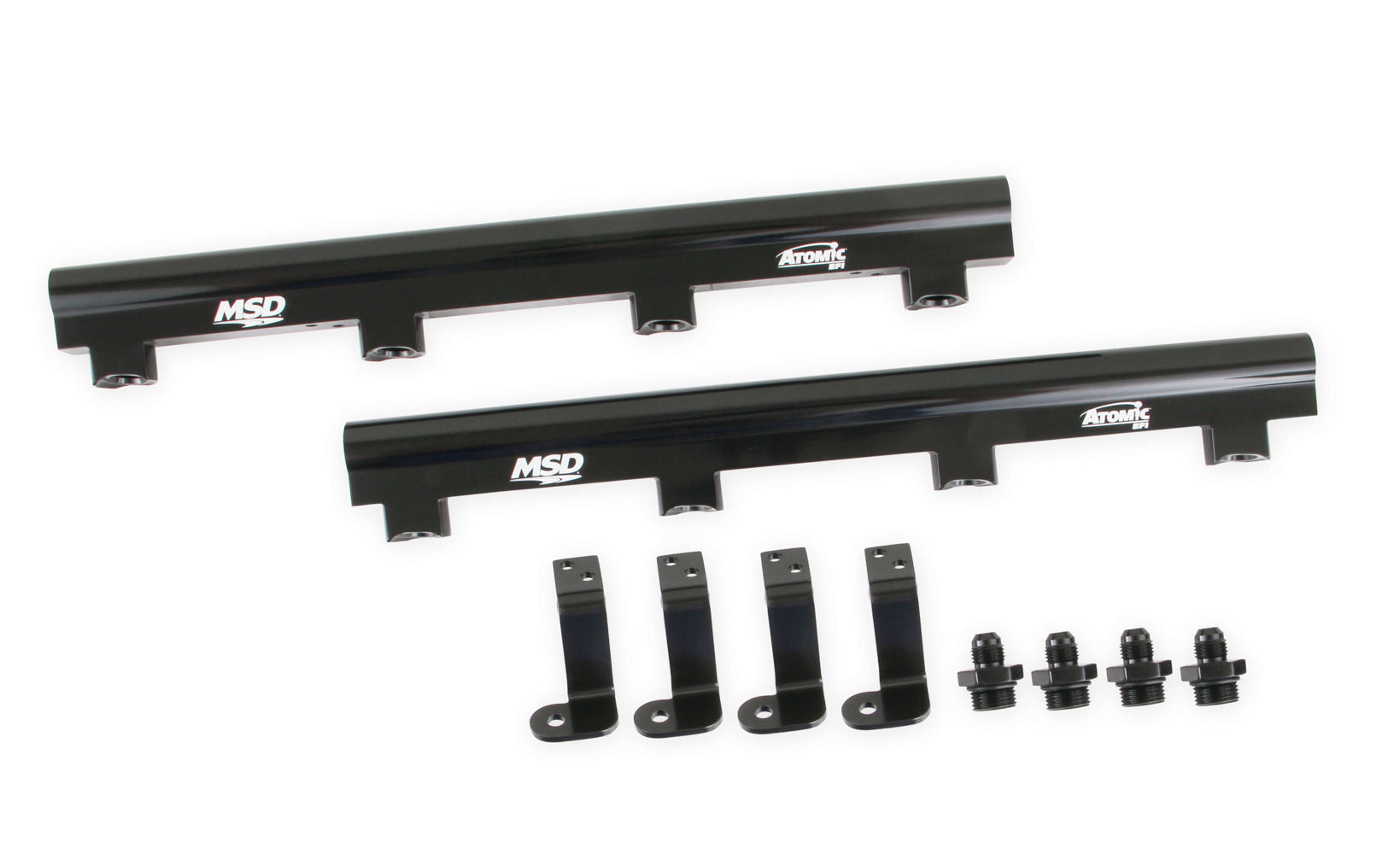 MSD Ignition 2722 Fuel Rail Kit for LS7 with Atomic EFI, Aluminum, Black Anodized, 8 AN Female O-Ring Inlets and Outlets