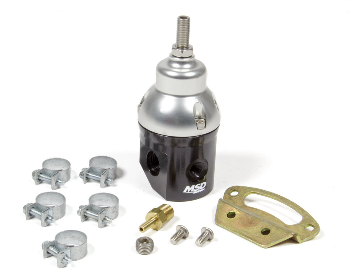 MSD Ignition Fuel Pressure Regulator 2938, 15-90 PSI, Inline, Aluminum Black with Clear Anodized Finish