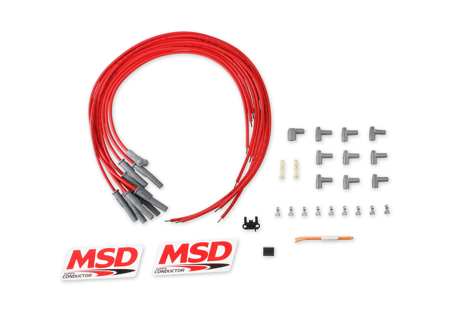 MSD Ignition 31189 Spark Plug Wire Set for V8 Engines, 8.5 mm Super Conductor, Spiral Core, Red, Straight Plug Boots, HEI Style Terminals, Cut-To-Fit