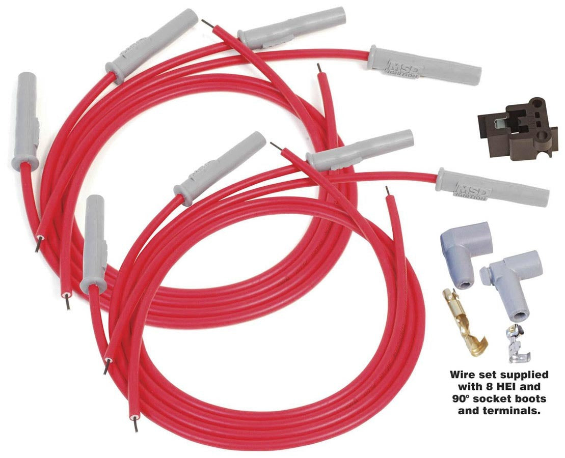 MSD Ignition 31199 Spark Plug Wire Set for V8 Engines, 8.5 mm Super Conductor Spiral Core with Red Insulation and Straight HEI/Socket Boots