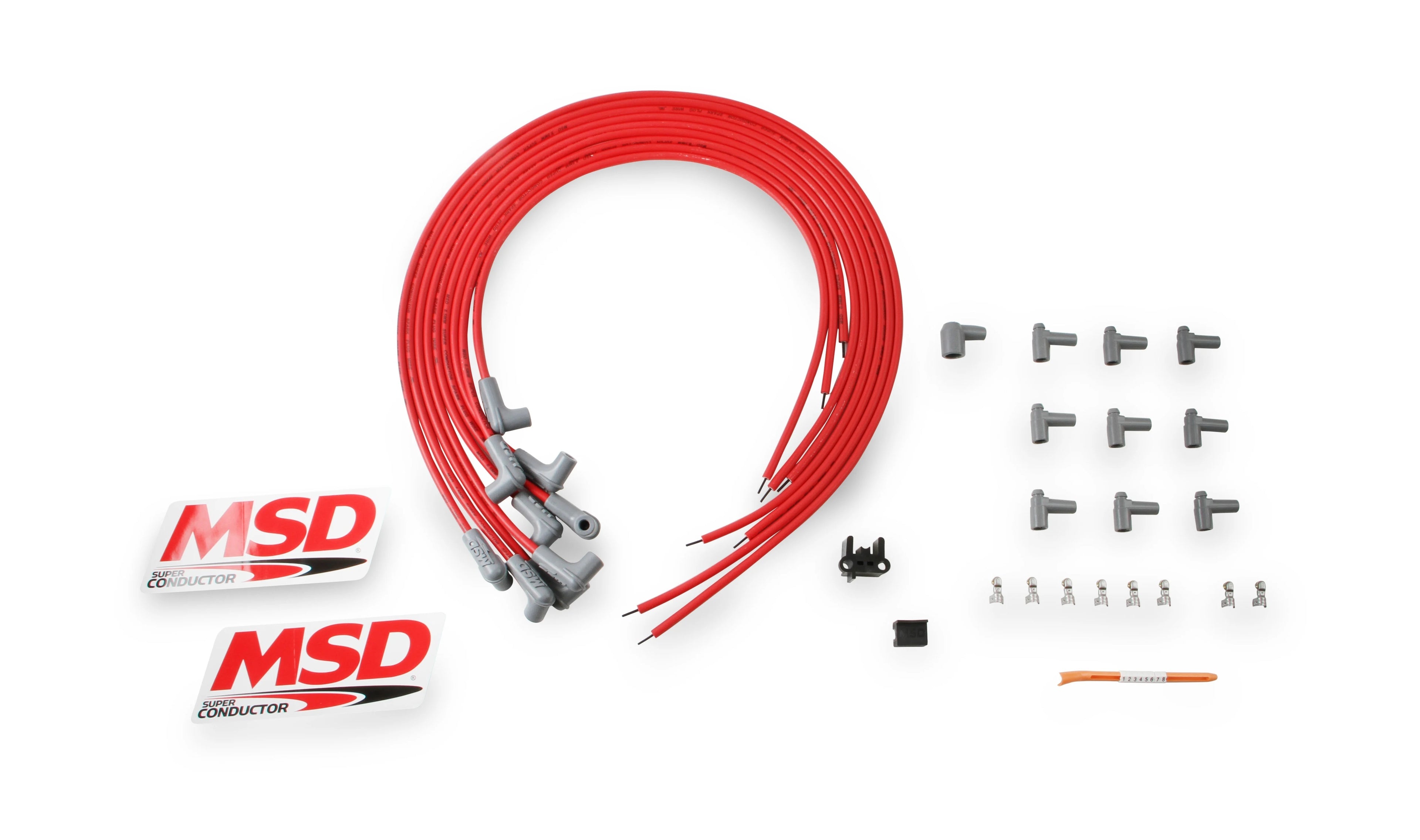 MSD Ignition 31229 Spark Plug Wire Set for V8 Engines, 8.5 mm Red Spiral Core with HEI Terminals and 90 Degree Boots