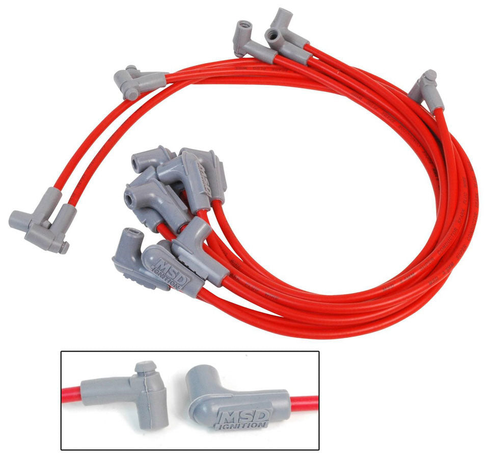 MSD Ignition 31359 Spark Plug Wire Set for Small Block Chevy, 8.5 mm Super Conductor, Spiral Core, Red, 90 Degree Boots, HEI Style Terminals