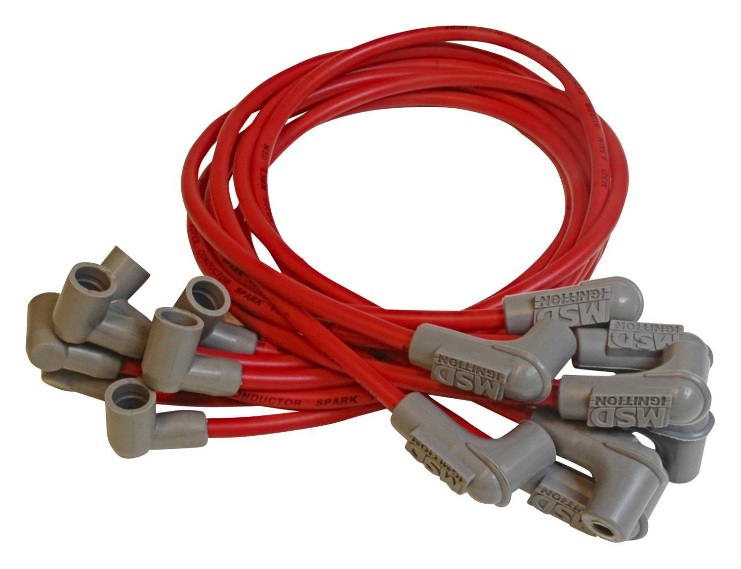 MSD Ignition 31659 Spark Plug Wire Set for Small Block Chevy, 8.5 mm, Red, Spiral Core, Super Conductor, 90 Degree Plug Boots, Socket Style