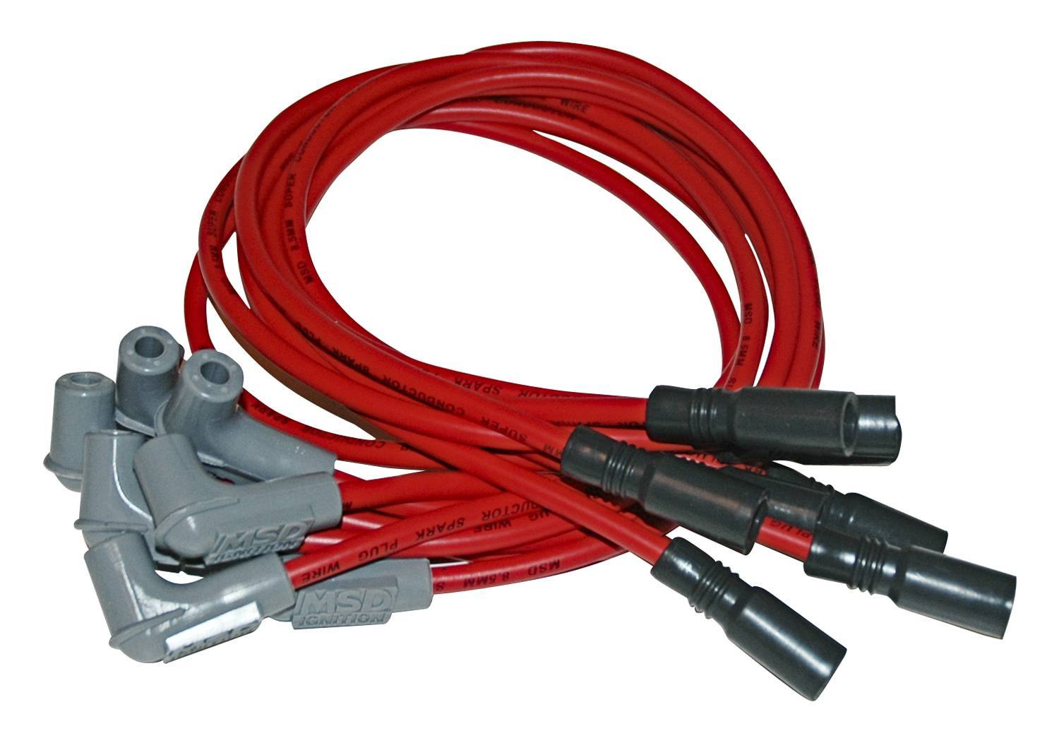 MSD Ignition 32169 8.5mm Super Conductor Spark Plug Wire Set for Small Block Chevy, Red, Spiral Core with 90 Degree Boot and Socket Style