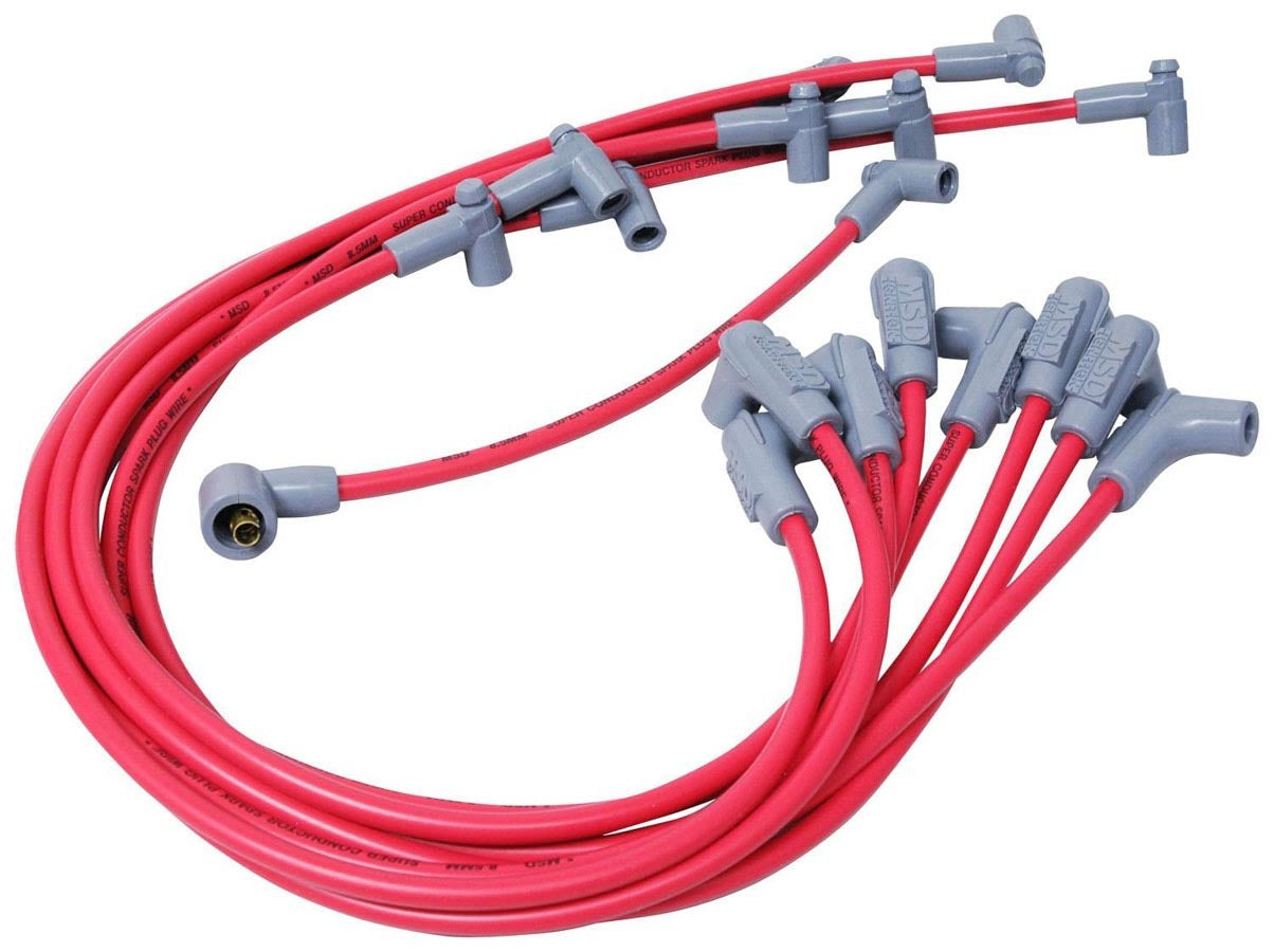 MSD Ignition 35599 8.5mm Super Conductor Spark Plug Wire Set with Spiral Core and Red Finish for Small Block Chevy
