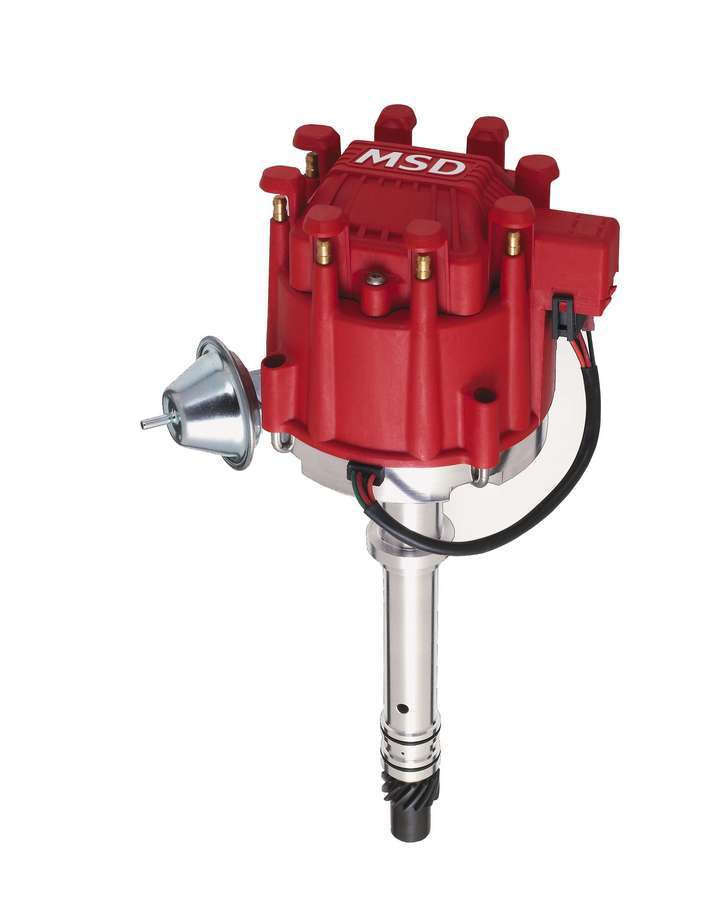 MSD Ignition 8365 Chevy Hi Energy HEI Distributor with Magnetic Pickup, Mechanical and Vacuum Advance, Red Housing, 4-Pin Ignition Module