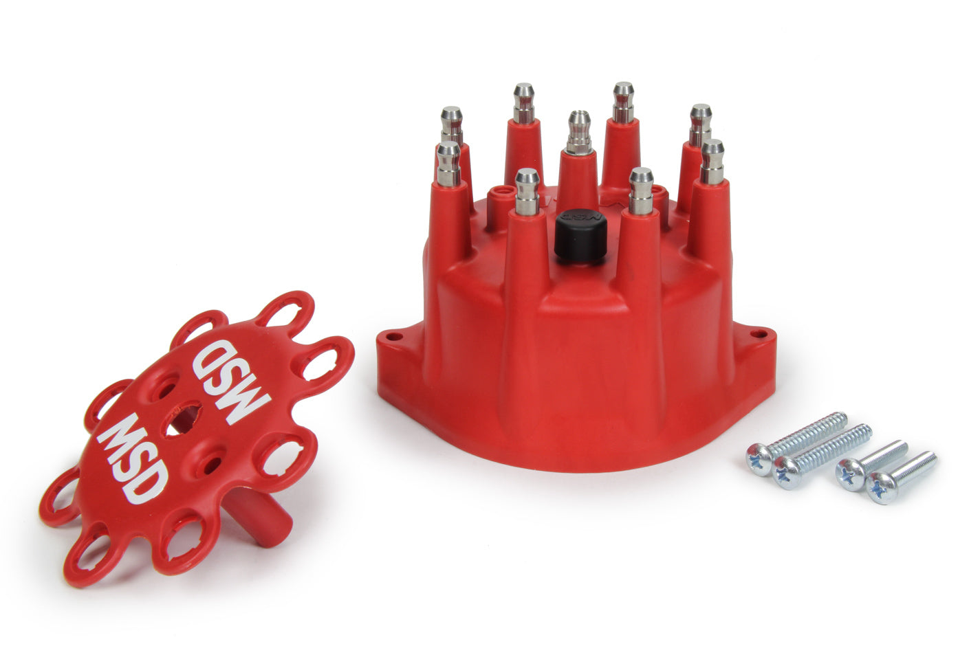 MSD Ignition Distributor Cap for V8 Engines with HEI Style Terminals, Stainless Terminals, Screw Down, Red Plastic, Vented Design, MSD Small Diameter Series