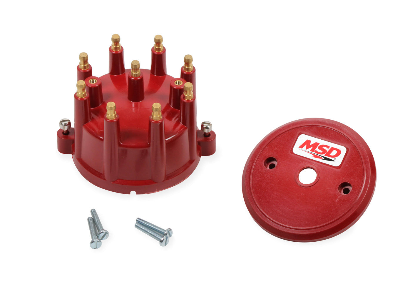 MSD Ignition 84319 Distributor Cap for Small Block Chevy HEI Style Brass Terminals, Red Plastic, Screw Down, Wire Hold Down Included