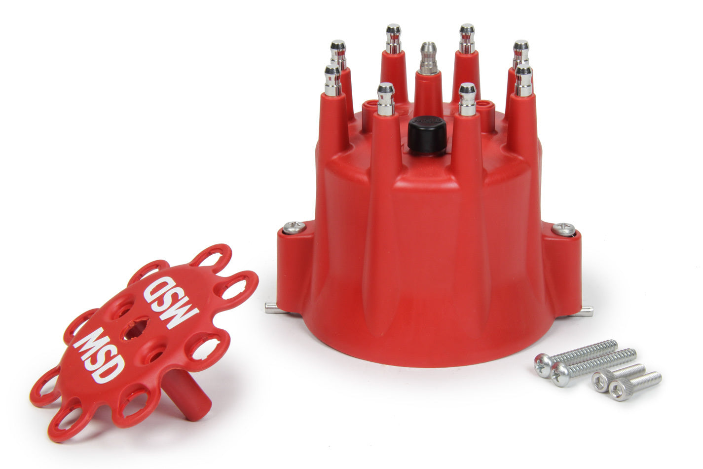 MSD Ignition Distributor Cap with HEI Terminals and Twist Lock - Red Stainless Terminals for Chevy V8