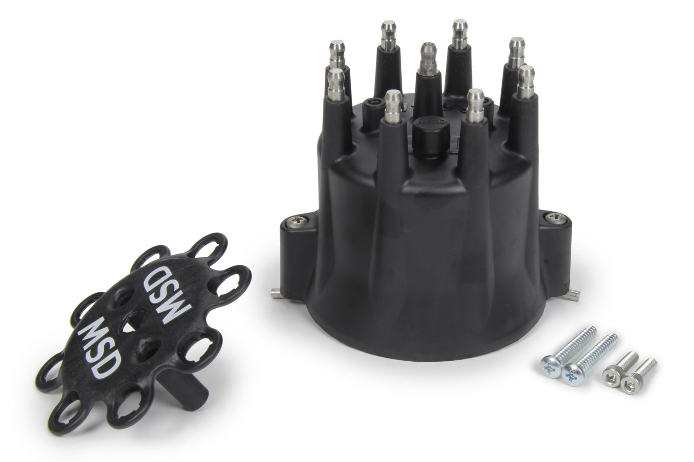 MSD Ignition Distributor Cap & Retainer for Chevy V8 HEI, Black, Stainless Terminals, Twist Lock, Wire Hold Down Included