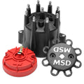 MSD Ignition Distributor Cap and Rotor Kit for Chevy V8 HEI, Black, Stainless Terminals, Twist Lock, Wire Hold Down Included