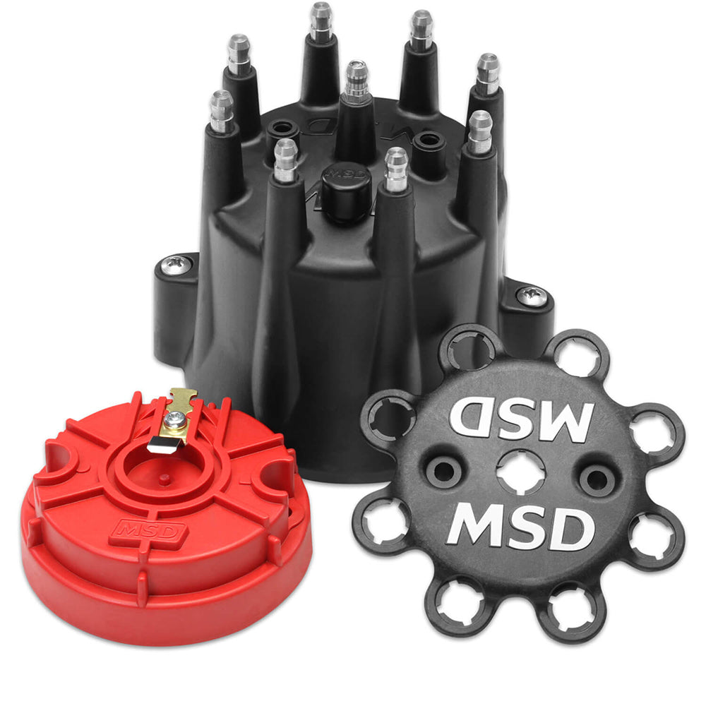 MSD Ignition Distributor Cap and Rotor Kit for Chevy V8 HEI, Black, Stainless Terminals, Twist Lock, Wire Hold Down Included