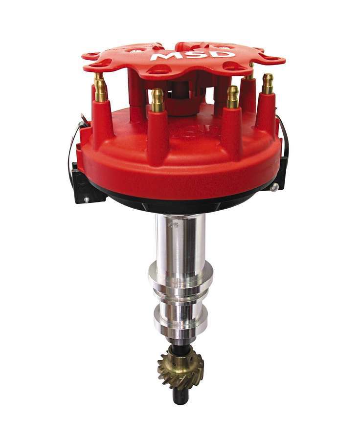 MSD Ignition 8569 Ford Low Profile Distributor with Pro-Billet Crank Trigger Pickup, Locked Advance, HEI Terminal, Red Finish for Big Block Ford, Cleveland, and Modified Engines