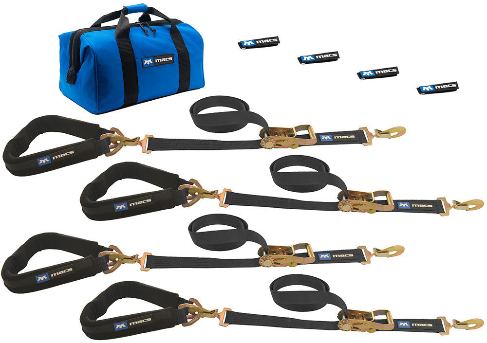 MACS Custom Tie-Downs 511618 Pro Pack Ratchet Strap Kit with Four 8 ft Direct Hook Straps, Four 24 in Axle Straps, Fleece Sleeves, and Gear Bag