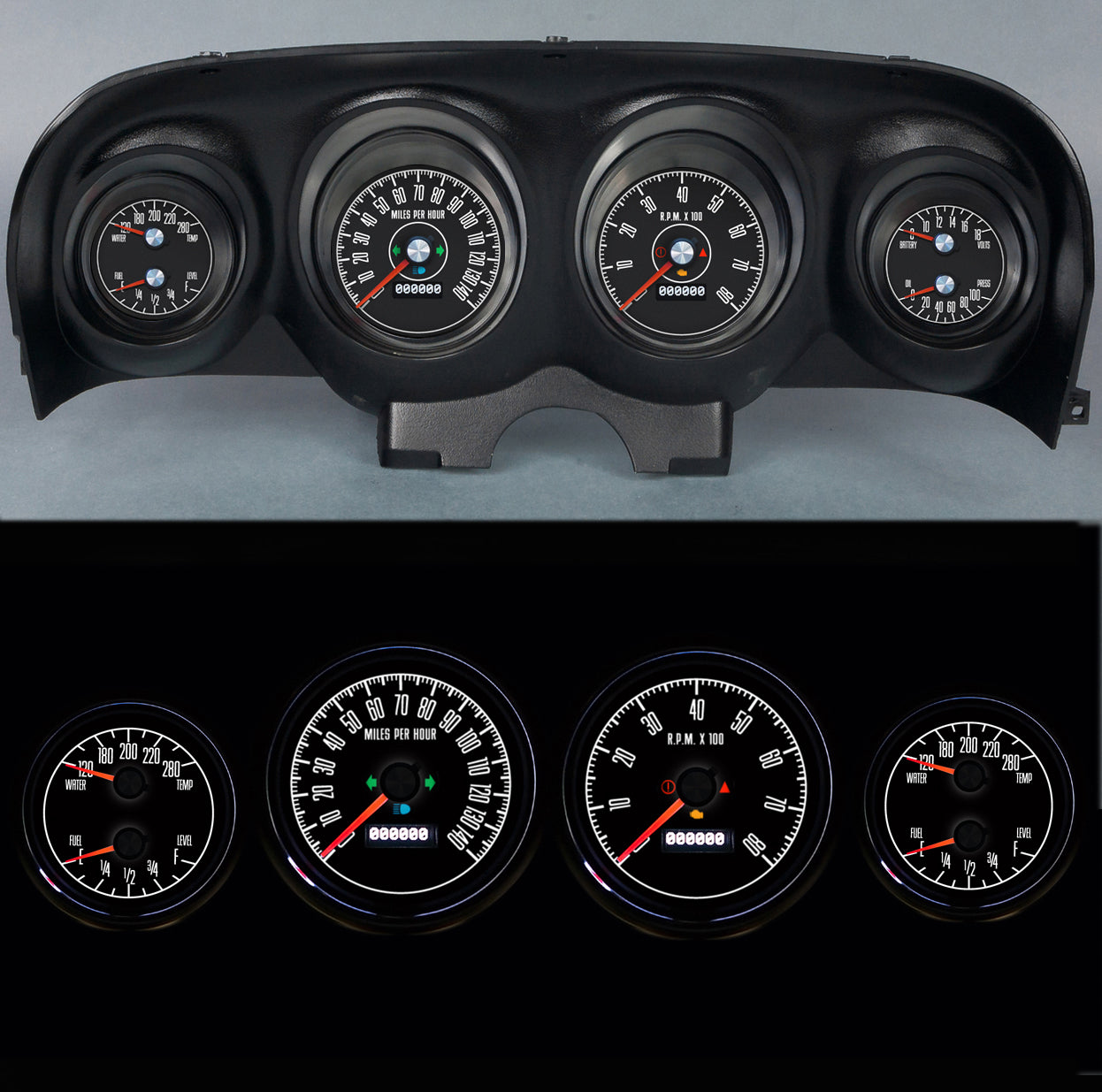 New Vintage USA M-153 Series Gauge Kit for Ford Mustang 1969-1970, 4-3/8 Inch Black Face Analog Instruments