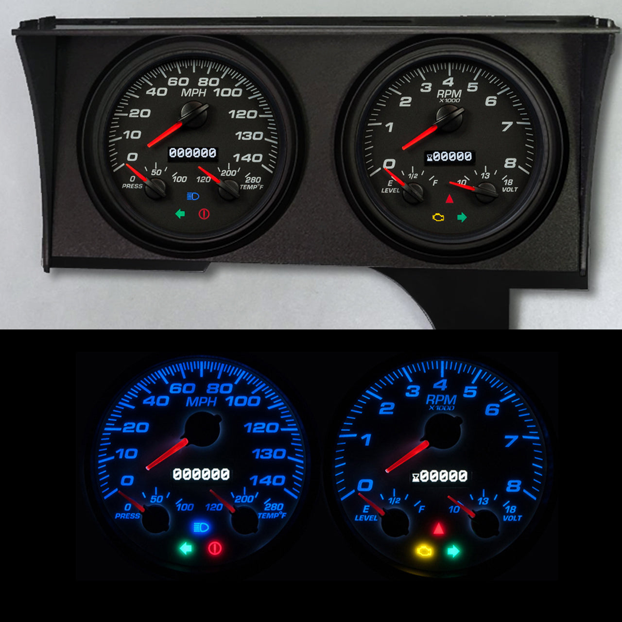 New Vintage USA Gauge Kit GM G-Body 1978-1988 Performance II Analog Set with Fuel Level, Oil Pressure, Water Temperature, Voltmeter, Tachometer, and Speedometer in Black Face