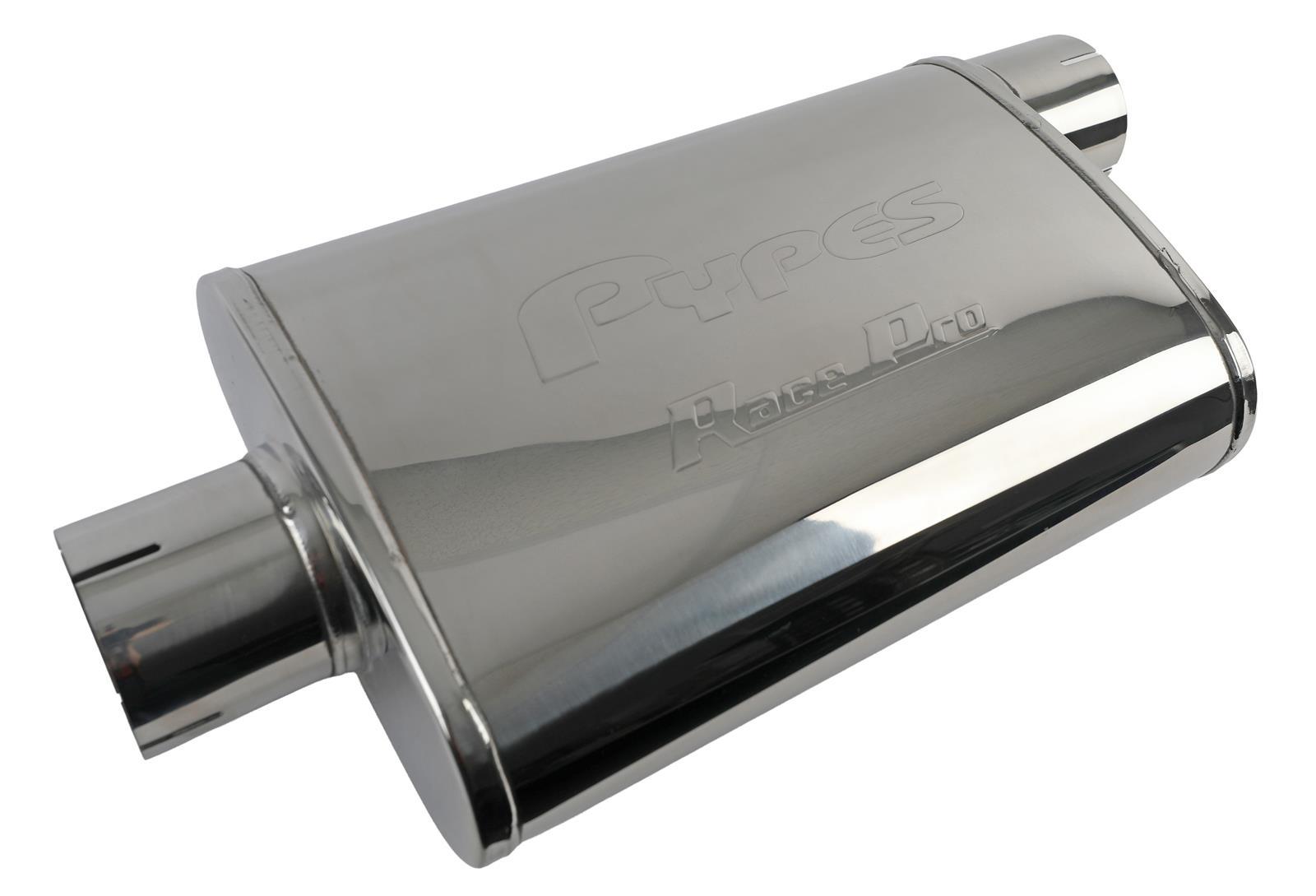 Pypes Performance Exhaust MVR19S Race Pro Muffler with 3 Inch Offset Inlet and Center Outlet, 9.5 Inch x 4.5 Inch Oval Body, 14 Inch Length, Reversible, Stainless Steel, Polished Finish