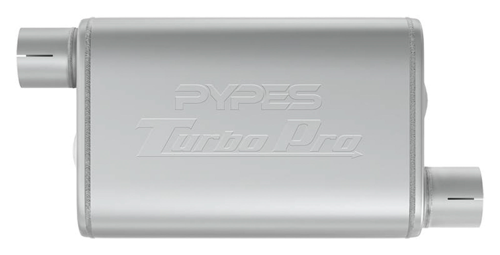 Pypes Performance Exhaust MVT10 Turbo Pro Muffler 2.5 Inch Offset Inlet and Outlet, 9.5 x 4.5 Inch Oval Body, 14 Inch Length, Stainless Steel, Natural Finish