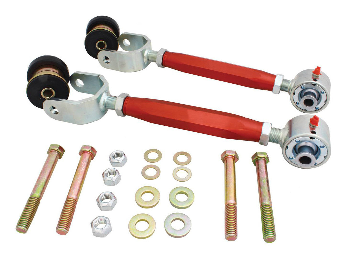 QA1 Adj. Upper Trailing Arms for Ford Mustang 1979-2004, Rear, Tubular, Greasable, Adjustable, Polyurethane Bushings, Aluminum, Red Anodized
