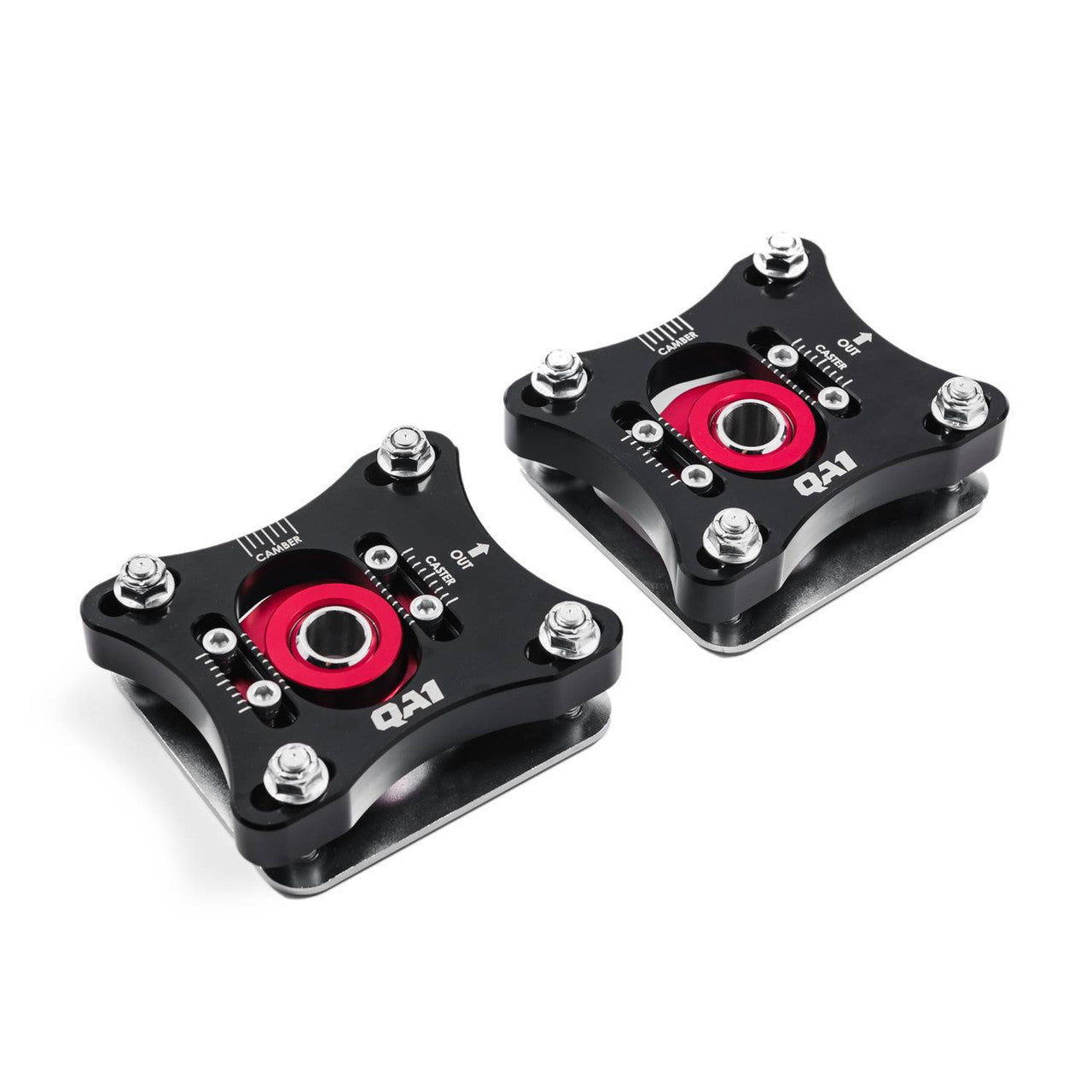 QA1 CC115 Caster and Camber Plates Kit for Ford Mustang 2005-2013, Aluminum Black and Red Anodized