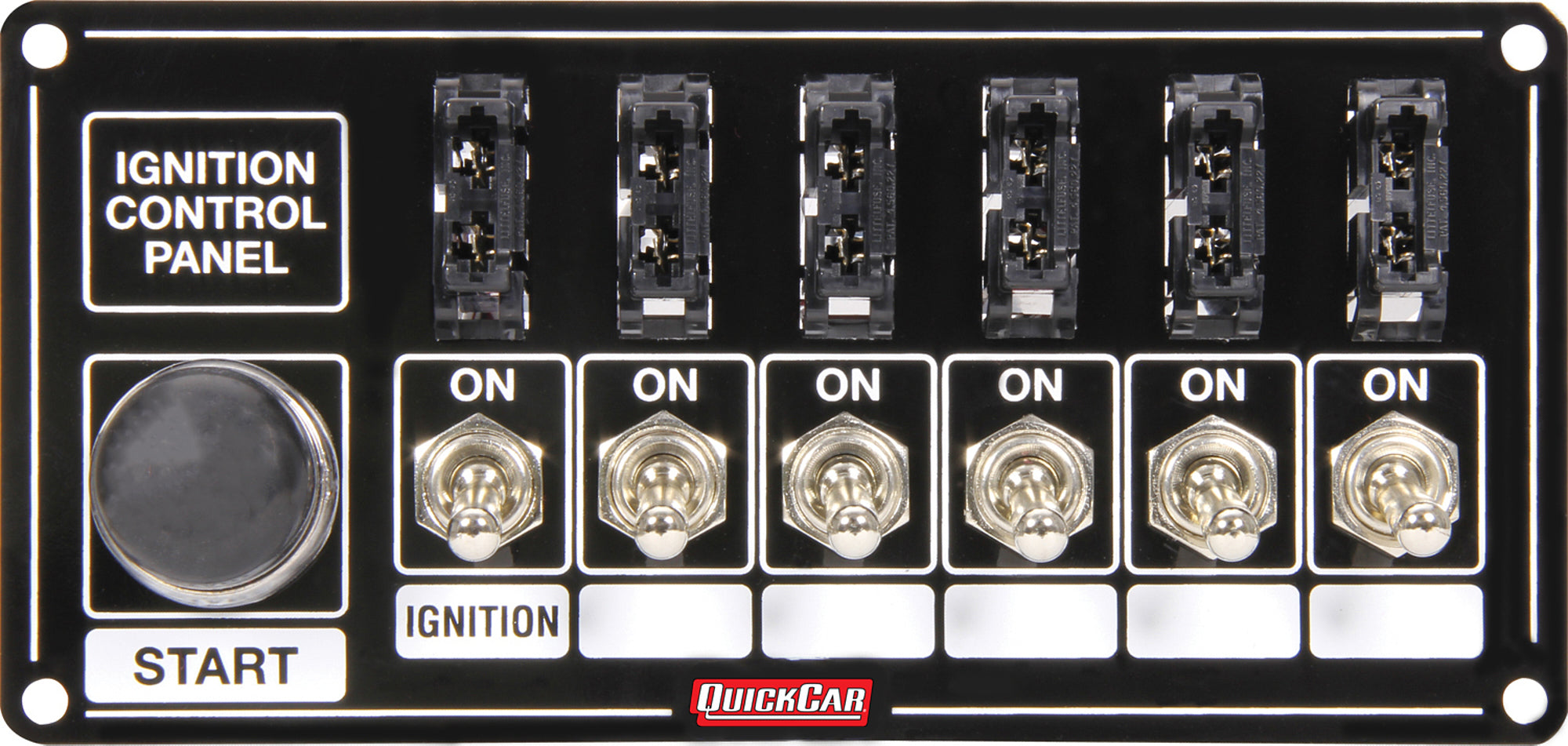 QUICKCAR RACING PRODUCTS QRP50-863 Ignition Panel with Fused Switches and Start Button, 6 Toggles and Momentary Button, Black Finish, 6.875 x 3.25 Inches