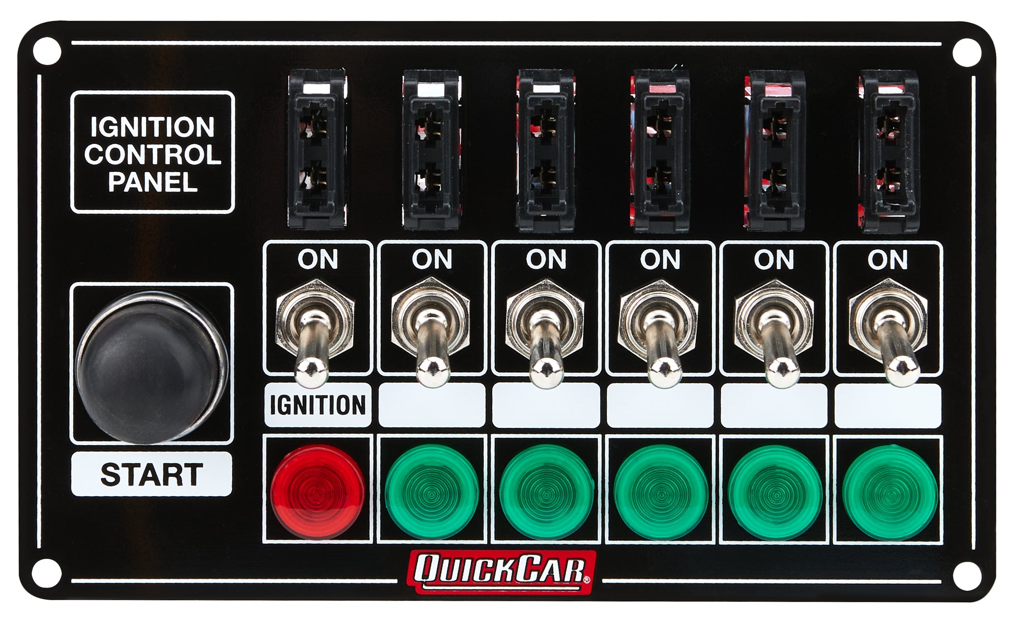 QUICKCAR RACING PRODUCTS QRP50-864 Ignition Panel with Fused Switches and Indicator Lights, 6 Toggle & 1 Momentary Button, Dash Mount, Black Finish