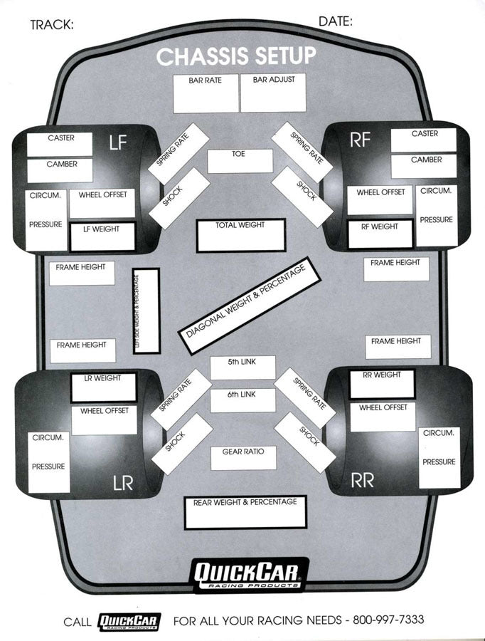 QuickCar Racing Products Chassis Set-Up Forms 50-Pack