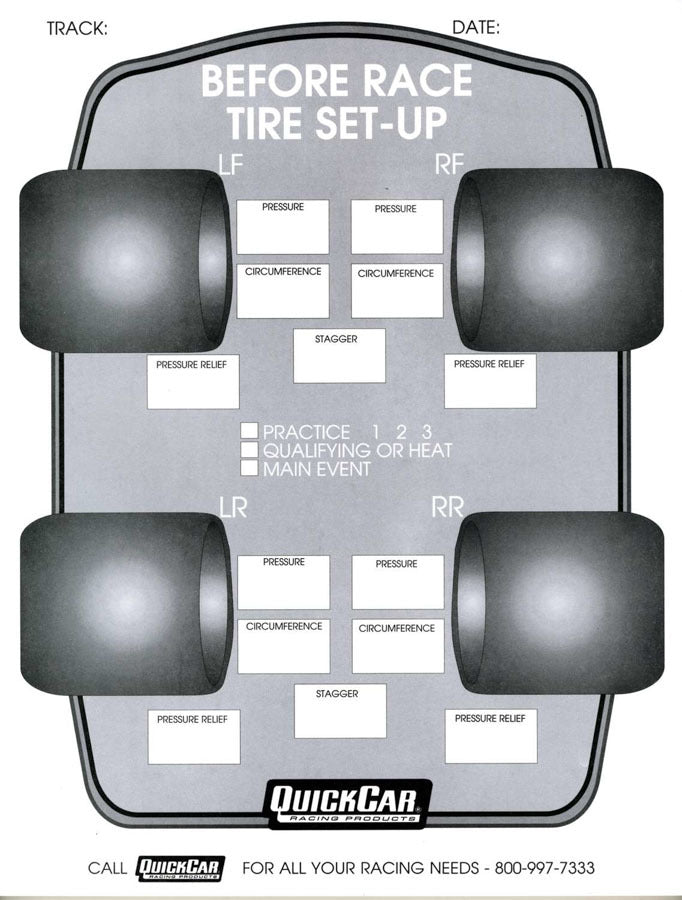 QUICKCAR Racing Products 51-210 Before Race Tire Setup Chart - 50 Sheet Pad