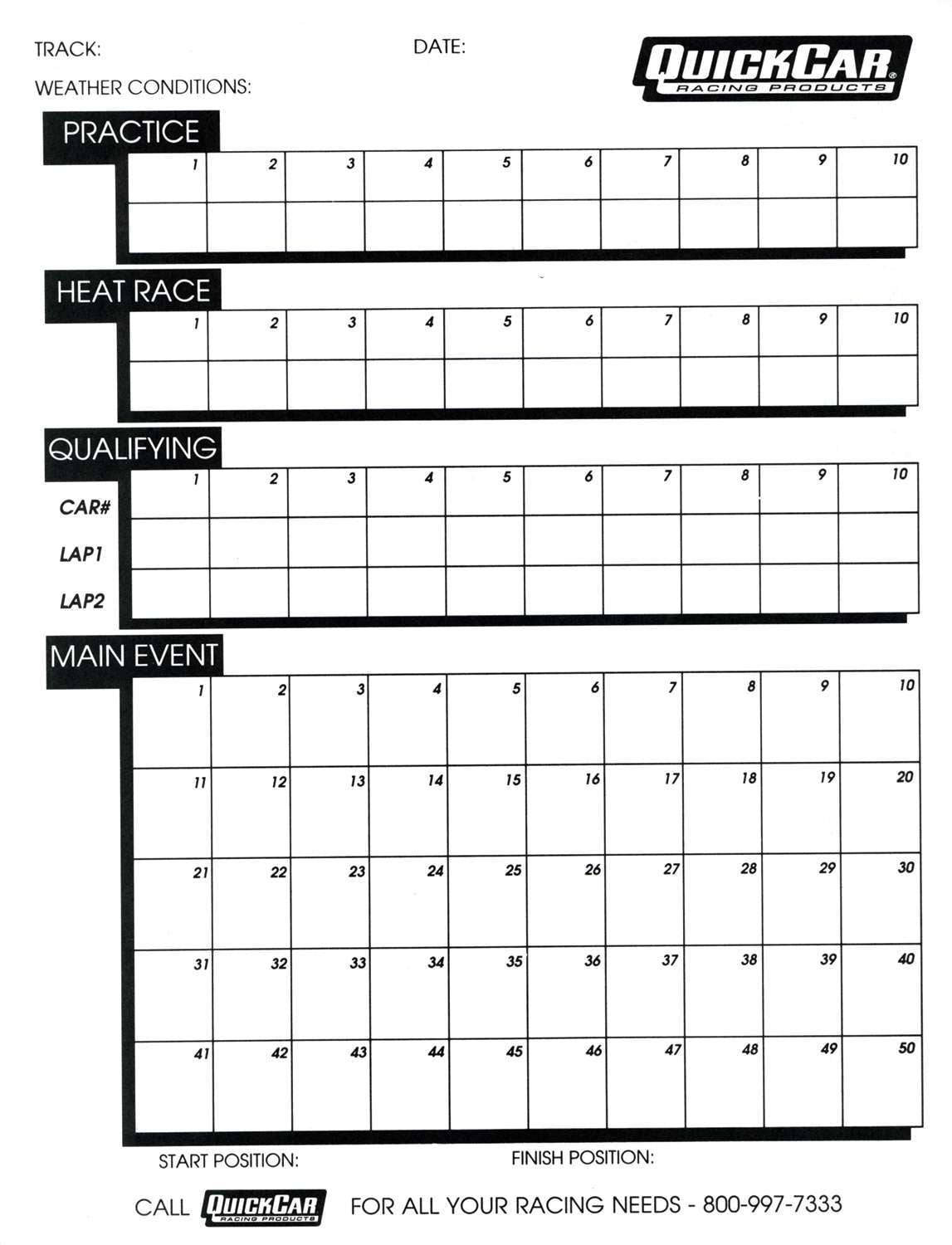 QuickCar Racing Products QRP51-230 Time Organizer Sheets for Lap Timing and Race Scoring, 50 Sheets