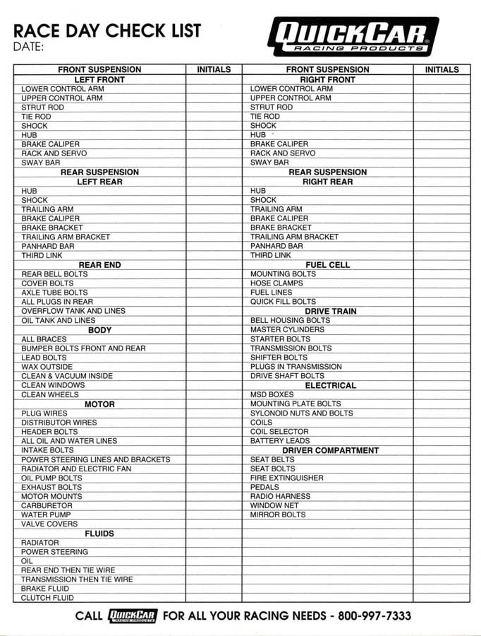 QuickCar Racing Products Race Day Check-List 50 Sheet Pad