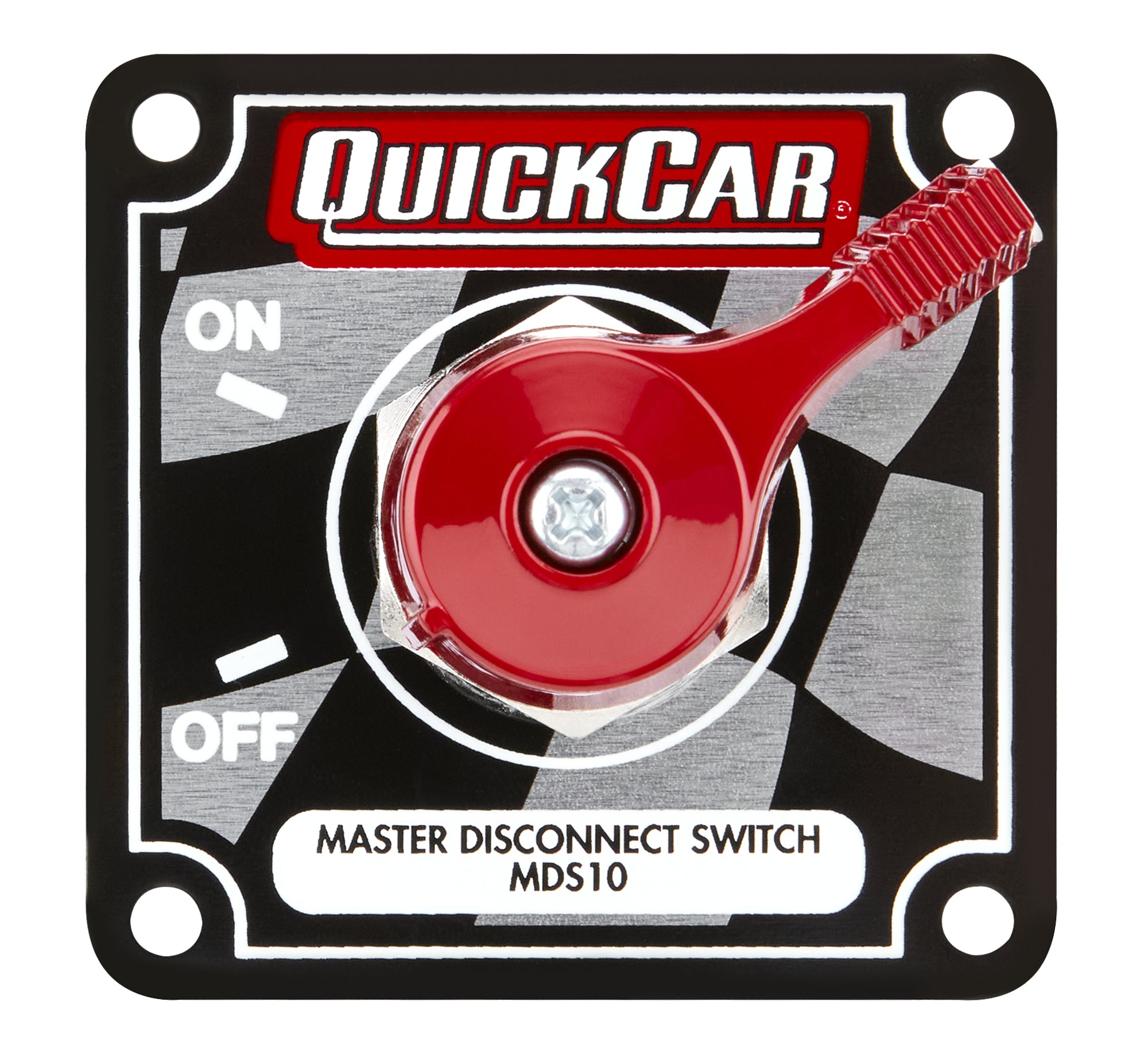 QUICKCAR RACING PRODUCTS Master Disconnect High Amp 4 Post Flag Plate QRP55-008, 250 Amp, 12V Rotary Panel Mount Switch with Aluminum On/Off Panel and Flag Design