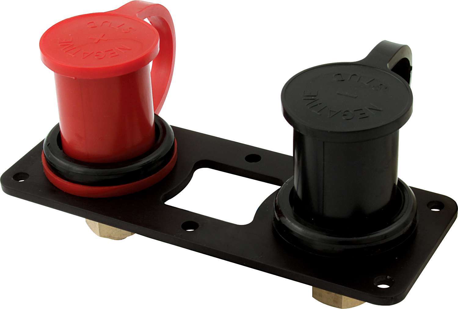 QUICKCAR RACING PRODUCTS Battery Charging Posts Pair with Flat Mount Bracket and Rubber Caps – 1.25 Inch Diameter Hole, 3/8-16 Inch Stud, 12V, Black and Red Finish