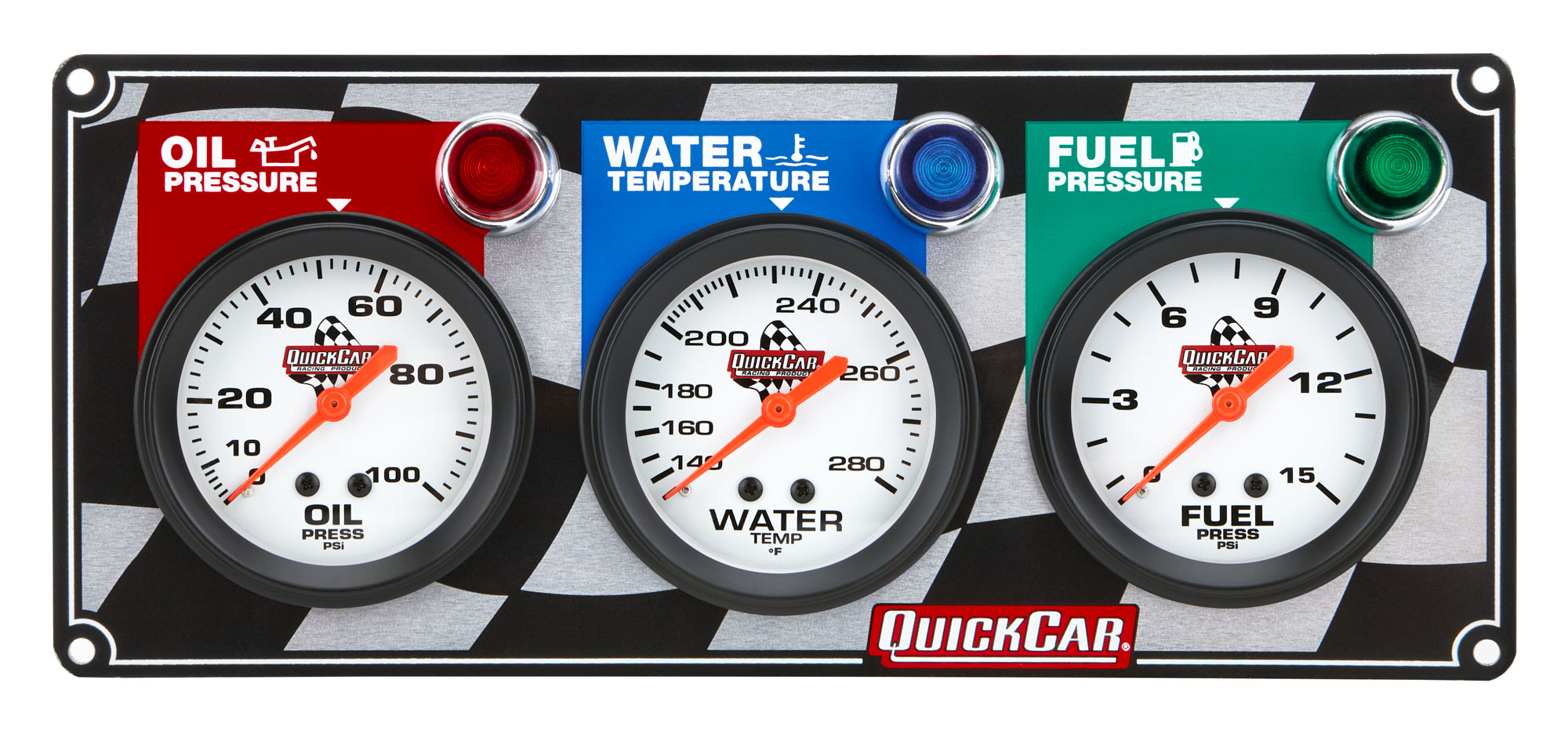 QuickCar Racing Products 61-6012 Gauge Panel Assembly with Fuel Pressure, Oil Pressure, and Water Temperature Gauges, 2-5/8 Inch Silver Face with Warning Light