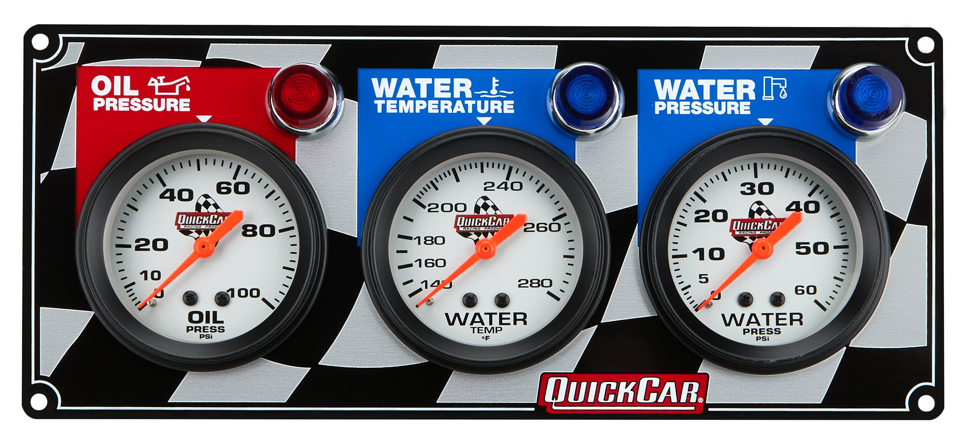 QuickCar Racing Products 61-6016 Legend Series Checkered Flag Gauge Panel Assembly with Oil Pressure, Water Temperature, and Water Pressure – 2-5/8 Inch White Face Kit