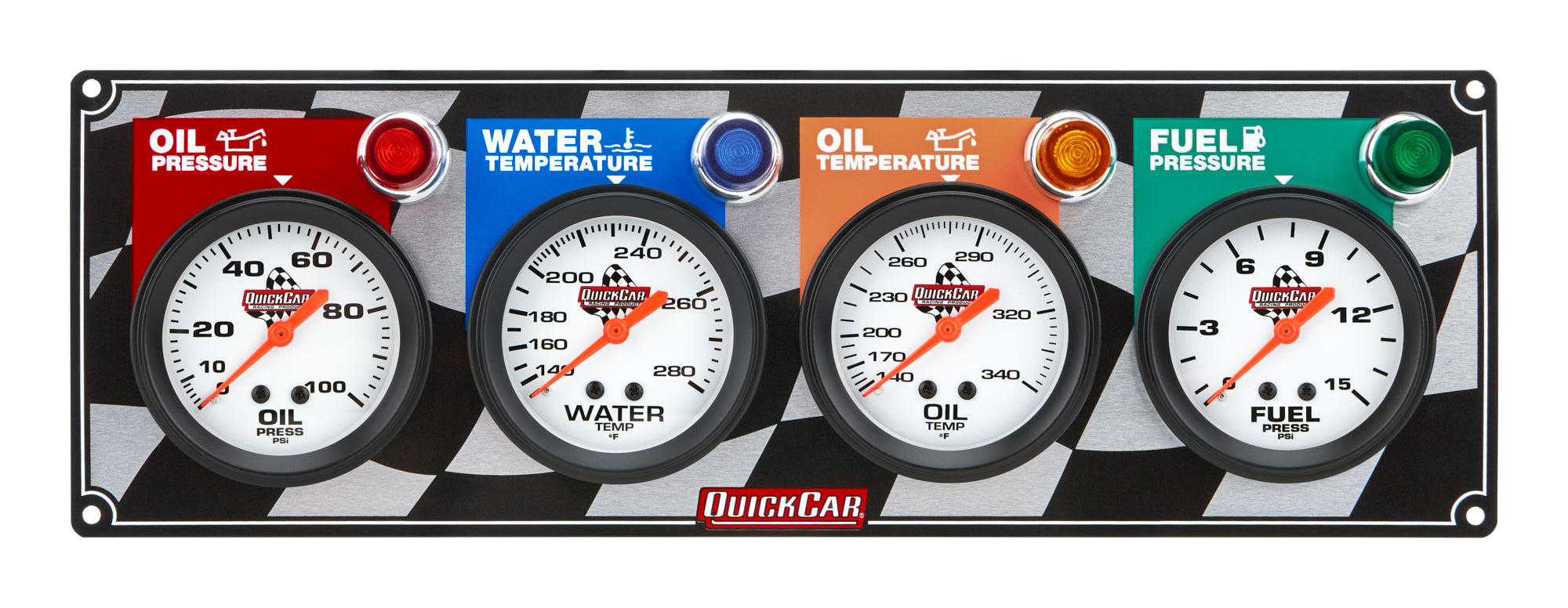 QuickCar Racing Products 61-6021 Gauge Panel Assembly with Fuel Pressure, Oil Pressure, Oil Temperature, Water Temperature, 2 5/8 Inch Silver Face with Warning Light
