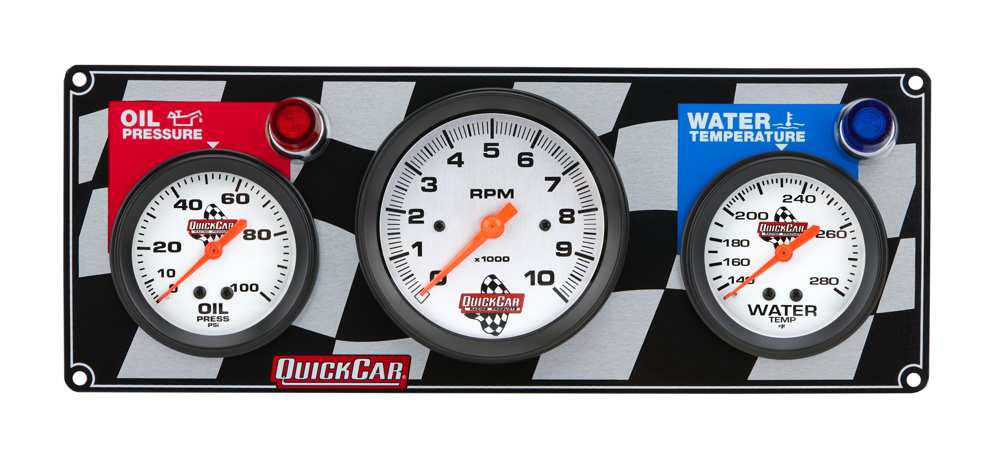 QuickCar Racing Products Gauge Panel Assembly with Oil Pressure, Water Temperature, and Tachometer - Silver Face, 3-3/8 Inch / 2-5/8 Inch Diameter