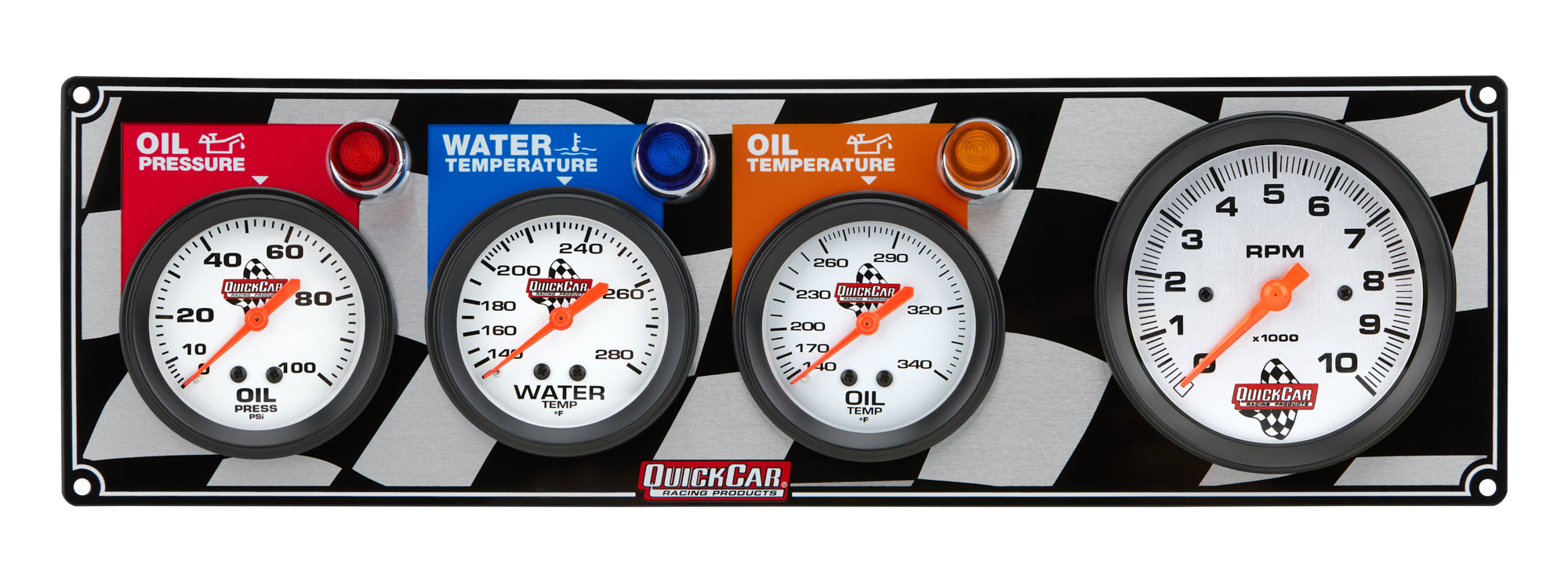 QuickCar Racing Products Gauge Panel Assembly with Oil Pressure, Oil Temperature, Tachometer, and Water Temperature - Silver Face, 3-3/8 Inch and 2-5/8 Inch Diameter