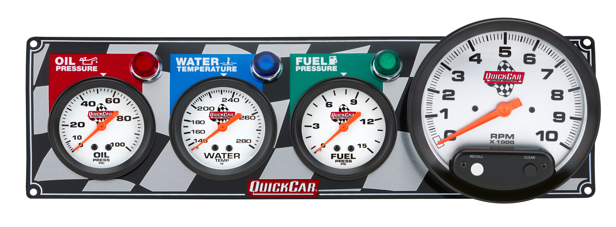 QuickCar Racing Products 61-6042 Gauge Panel Assembly with Fuel Pressure, Oil Pressure, Tachometer, and Water Temperature Gauges