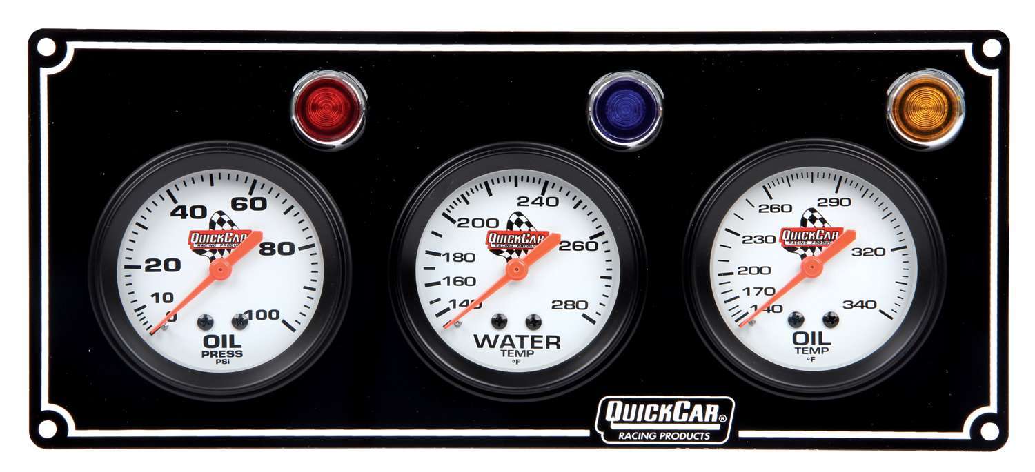 QuickCar Racing Products 61-6711 Gauge Panel Assembly with Oil Pressure, Oil Temperature, and Water Temperature, 2-5/8 Inch Diameter, Silver Face with Warning Light