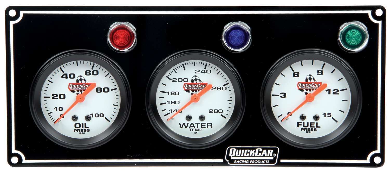 QUICKCAR RACING PRODUCTS 61-6712 Gauge Panel Assembly with Fuel, Oil Pressure and Water Temperature - 2-5/8 Inch Silver Face with Warning Light