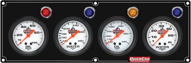 QuickCar Racing Products 61-6723 Gauge Panel Assembly Legend Series with Oil Pressure, Oil Temperature, Water Temperature, and Water Pressure - 2-5/8 Inch White Face Warning Light Kit
