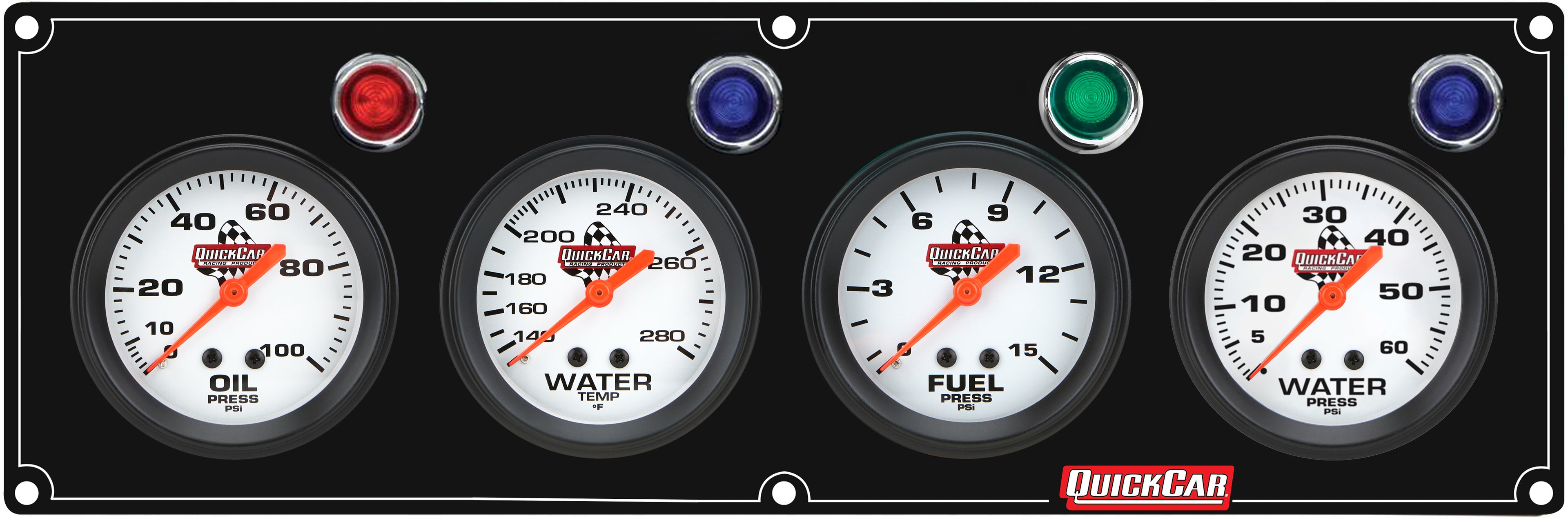 QuickCar Racing Products QRP61-6726 Legend Series 4-Gauge Panel Assembly with Oil Pressure, Fuel Pressure, Water Temperature, and Water Pressure Gauges, White Face